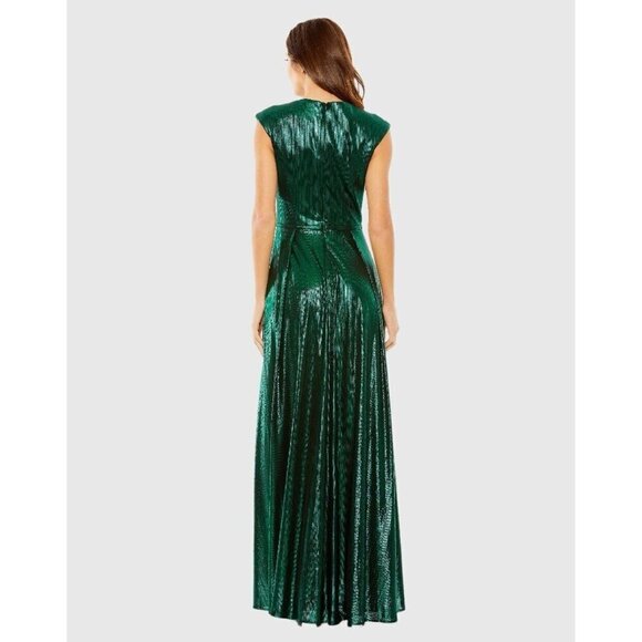 Mac Duggal Size 2 Green 27156 Cap Sleeve Deep V Neck High Slit Metallic Gown - Picture 3 of 16